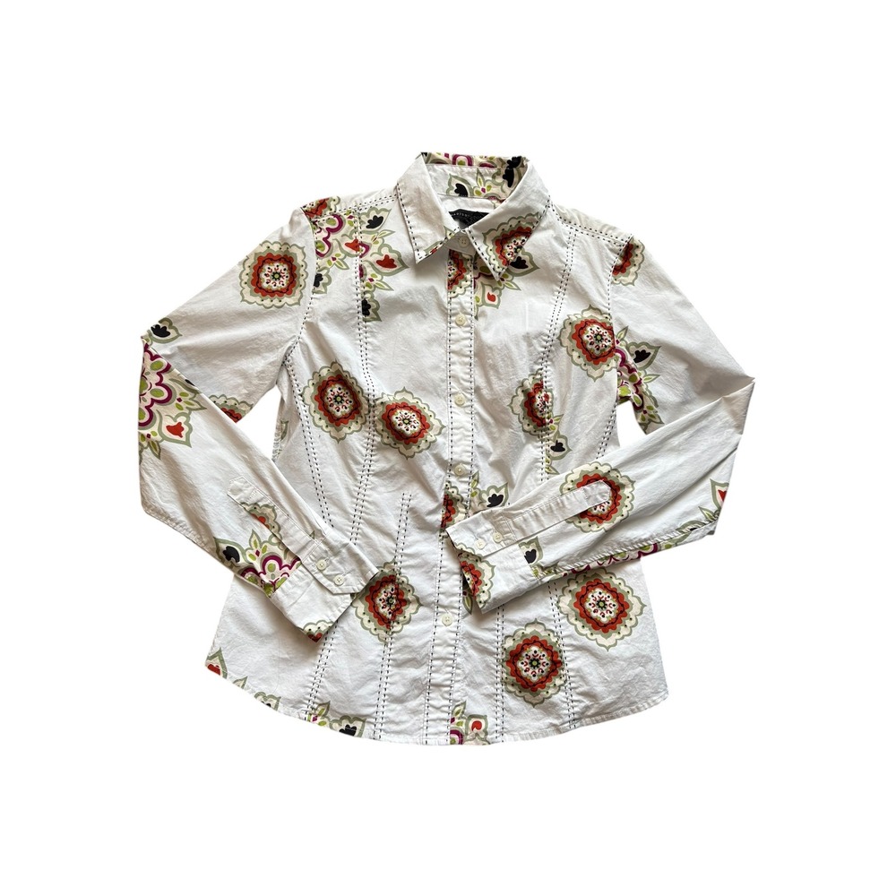 Madison Studio Floral Print Button‎ Down Shirt Size 8 White Cotton Blend